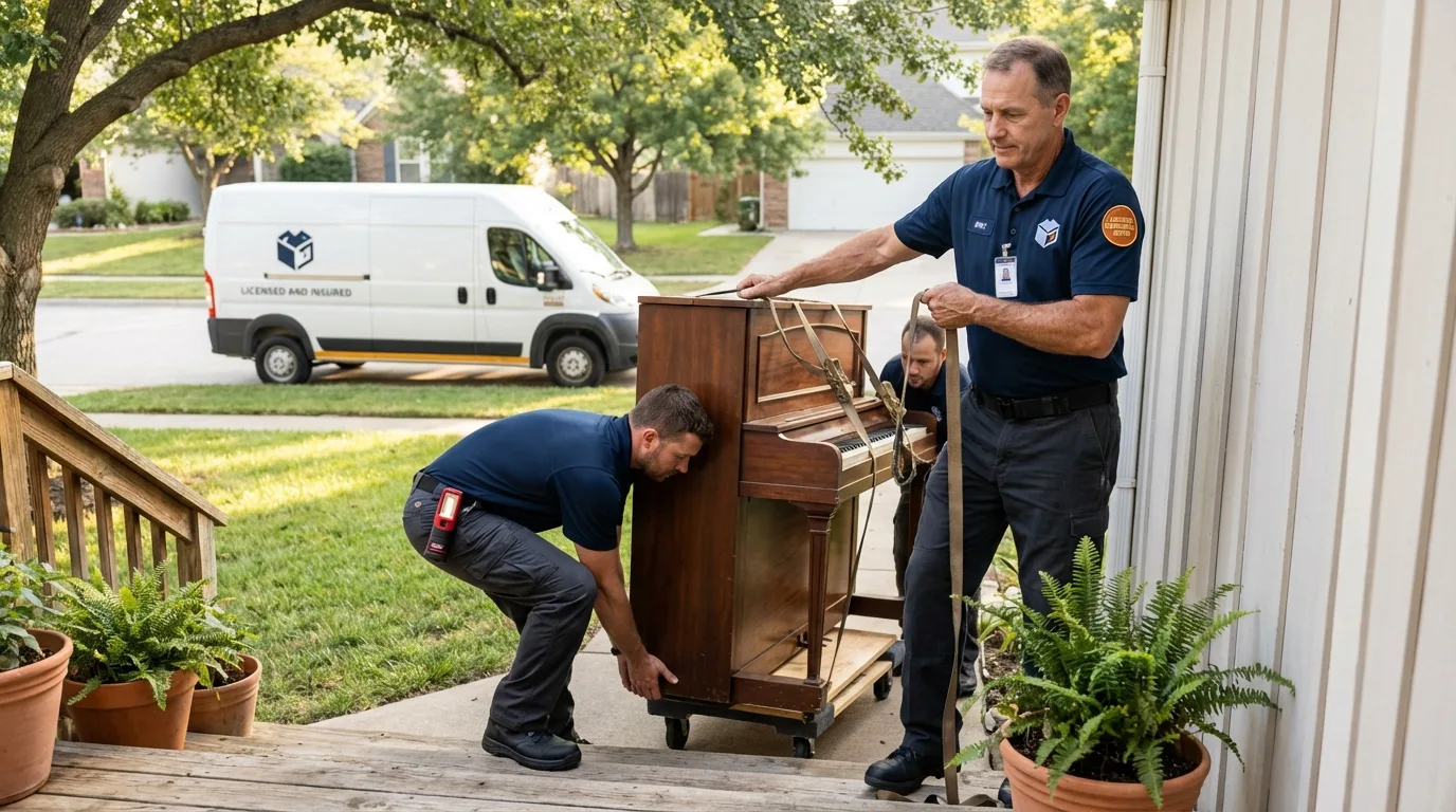 Licensed piano movers securing grand piano in Uniontown, PA