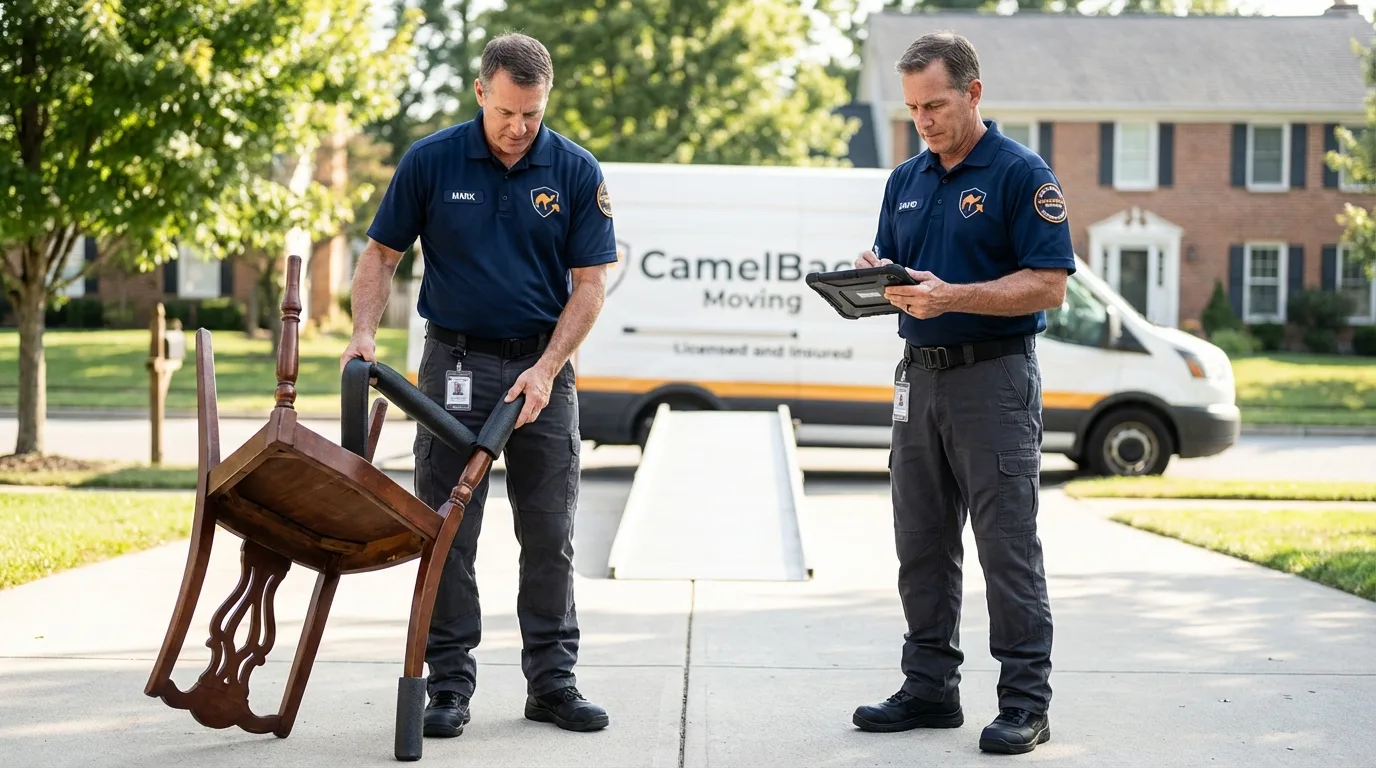 Movers inspecting furniture for damage prevention before loading in Uniontown, PA