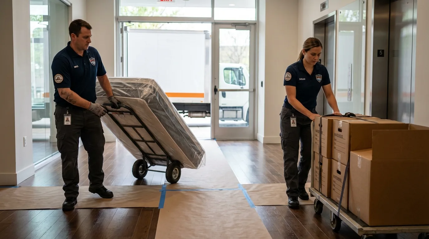 Professional apartment movers loading elevator in Uniontown, PA